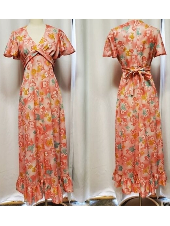 Vintage Dresses & Skirts - Vintage‎ 70s Boho Hippie Bright Floral V Neckline Tie Back Maxi Dress Medium